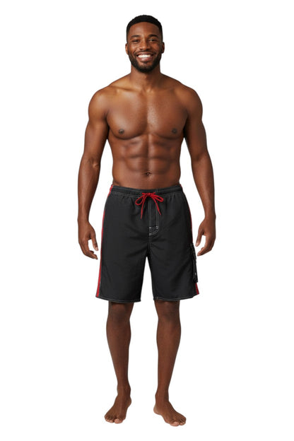 Black board shorts with red stripe accents, drawstring waist, and cargo pocket.