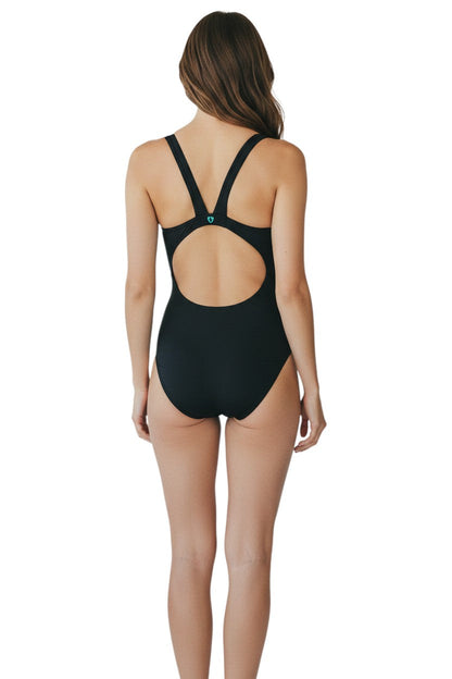 Kiefer black polyester-spandex swimsuit with MB back and built-in shelf bra.