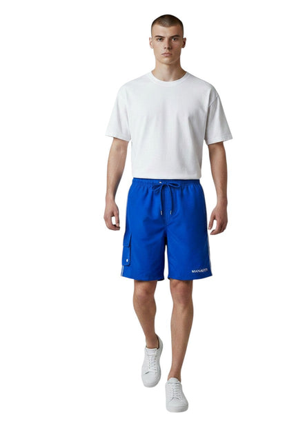 Kiefer Manager Board Short in blue, shown on model