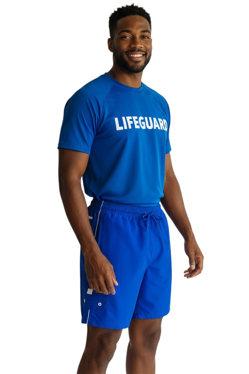 RISE Guard Male Flex Board Short in blue, shown on model