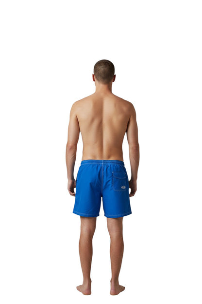 Blue polyester-spandex boardshorts with white drawstring, contrast stitching, and GUARD logo.