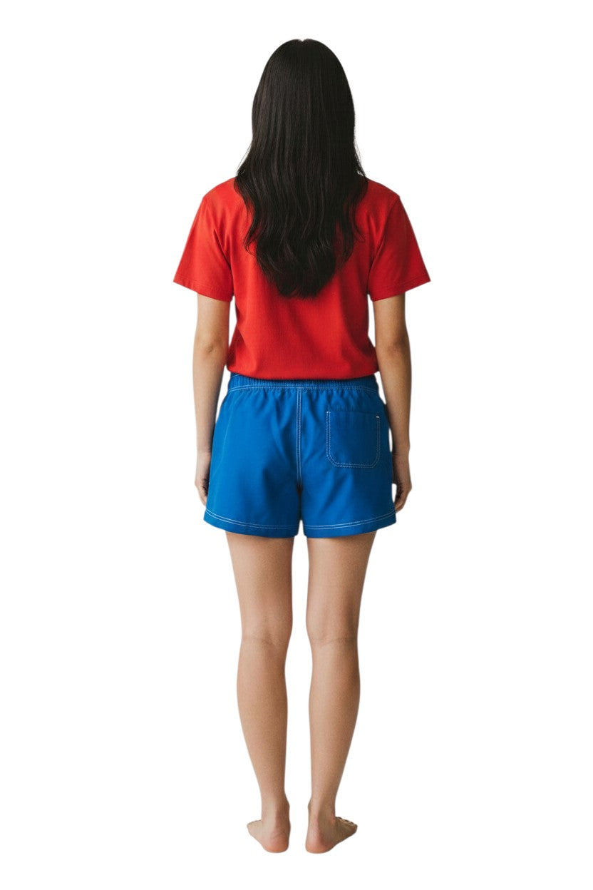Kiefer blue polyester-spandex blend flex shorts with white contrast stitching and drawstring waist.