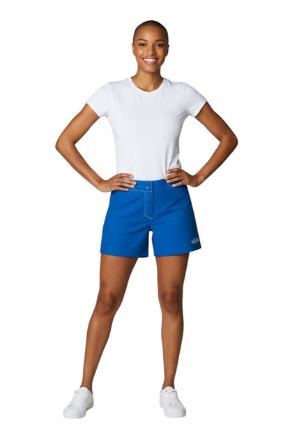 Blue polyester-spandex blend women's board shorts with drawstring waist and Guard logo.