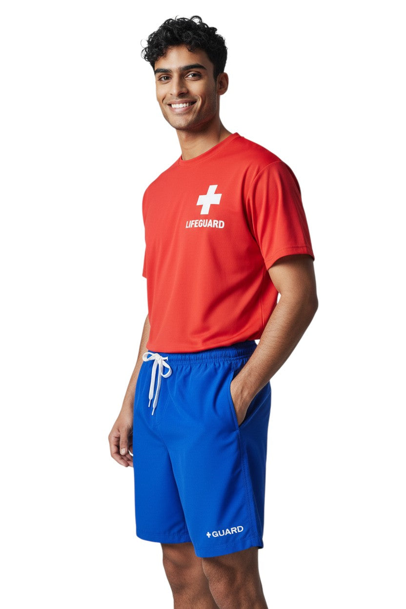 Kiefer Guard Board Short in blue, shown on model