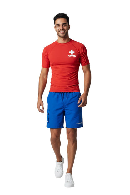 Kiefer Guard Board Short in blue, shown on model