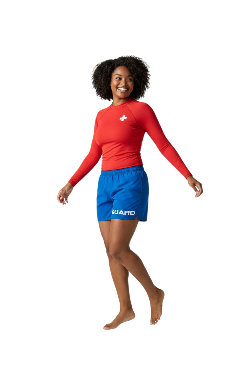 Kiefer 4-Way Stretch Unisex Lifeguard Deck Short in blue, shown on model