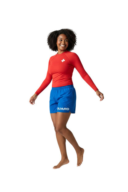 Kiefer 4-Way Stretch Unisex Lifeguard Deck Short in blue, shown on model