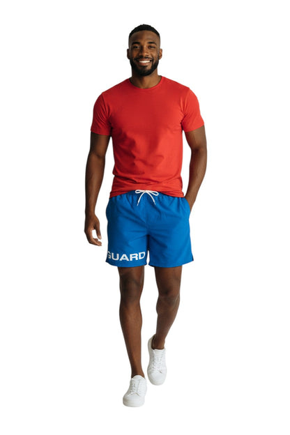 Kiefer 4-Way Stretch Unisex Lifeguard Deck Short in blue, shown on model