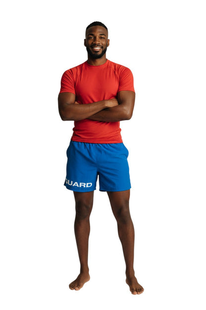 Kiefer 4-Way Stretch Unisex Lifeguard Deck Short in blue, shown on model