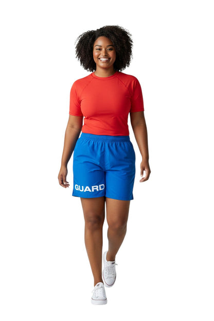 Kiefer 4-Way Stretch Unisex Lifeguard Deck Short in blue, shown on model