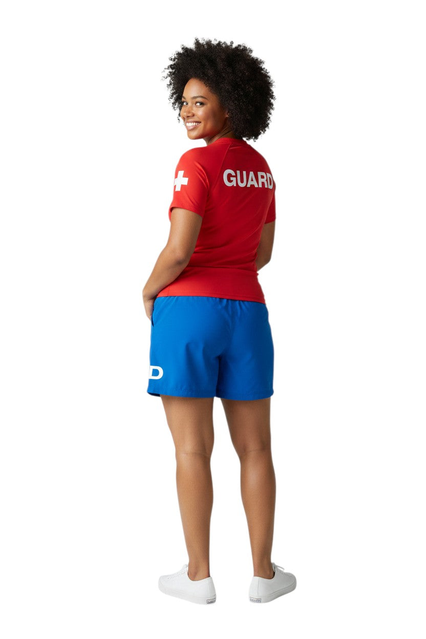 Kiefer 4-Way Stretch Unisex Lifeguard Deck Short in blue, shown on model
