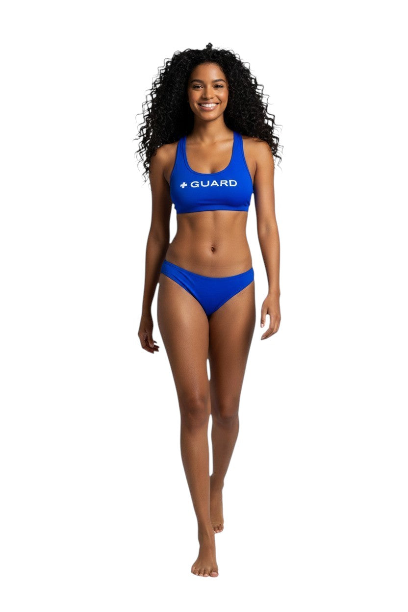 Kiefer Guard Racer Back Top in blue, shown on model