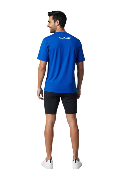 RISE Guard Short Sleeve Crew Neck Rashguard in blue, shown on model