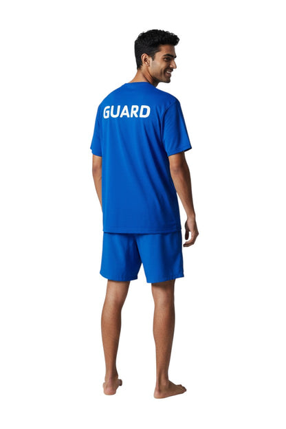 YMCA Guard Short Sleeve Rashguard in blue, shown on model