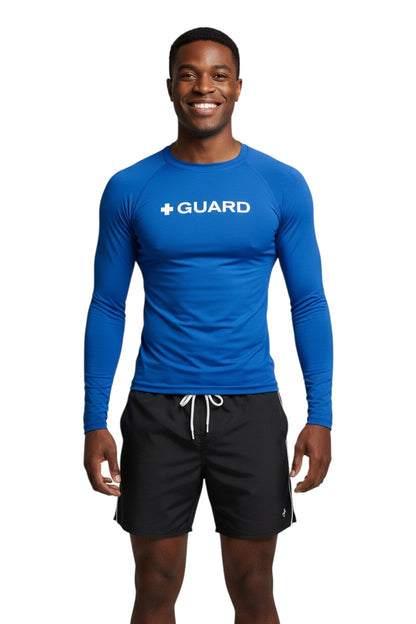 Kiefer Guard Long Sleeve Crewneck Rashguard in blue, shown on model