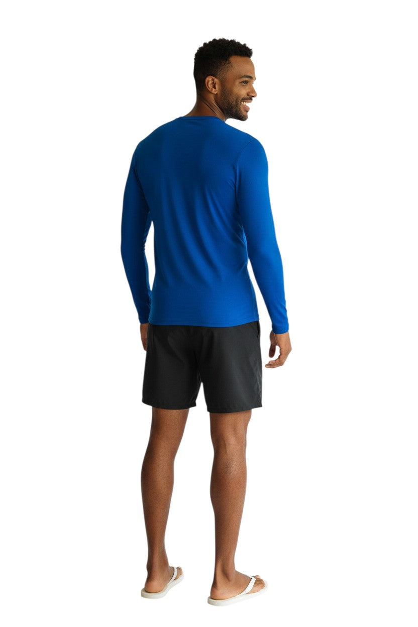 Kiefer Guard Long Sleeve Crewneck Rashguard in blue, shown on model