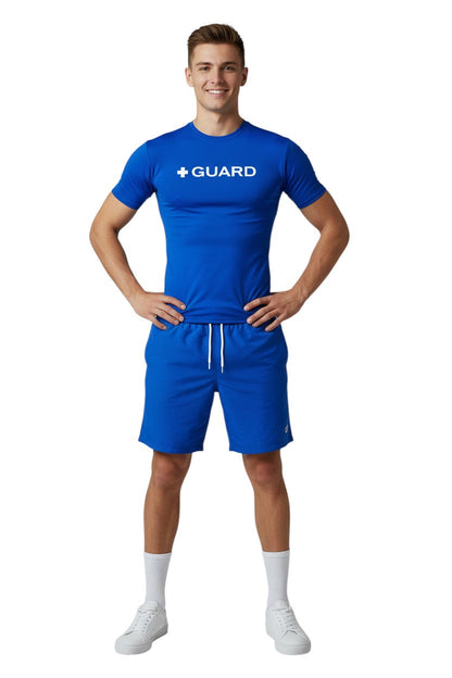 Kiefer Guard Short Sleeve Crewneck Rashguard in blue, shown on model