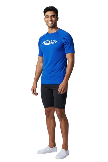 RISE Guard Short Sleeve Crew Neck Rashguard in blue, shown on model