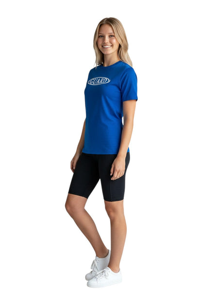 RISE Guard Short Sleeve Crew Neck Rashguard in blue, shown on model