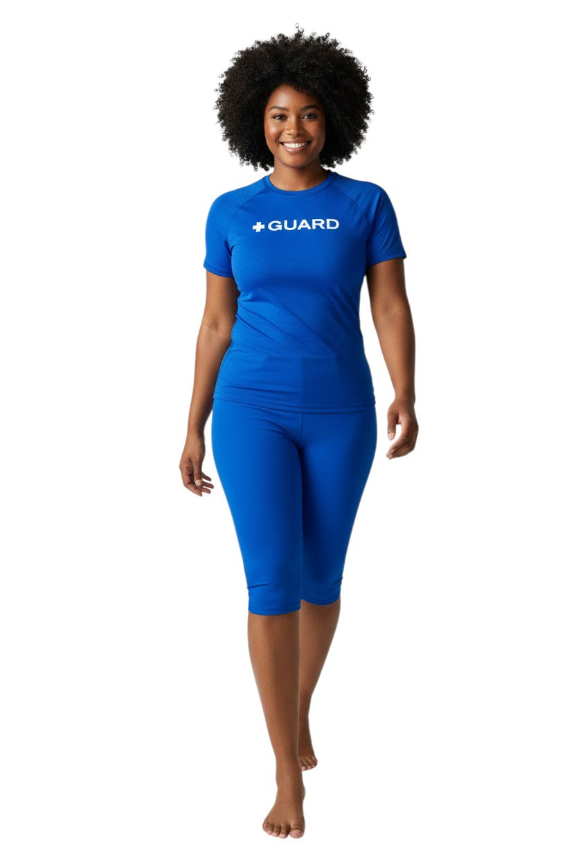 Kiefer Guard Short Sleeve Crewneck Rashguard in blue, shown on model