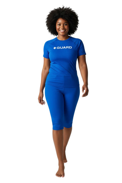 Kiefer Guard Short Sleeve Crewneck Rashguard in blue, shown on model