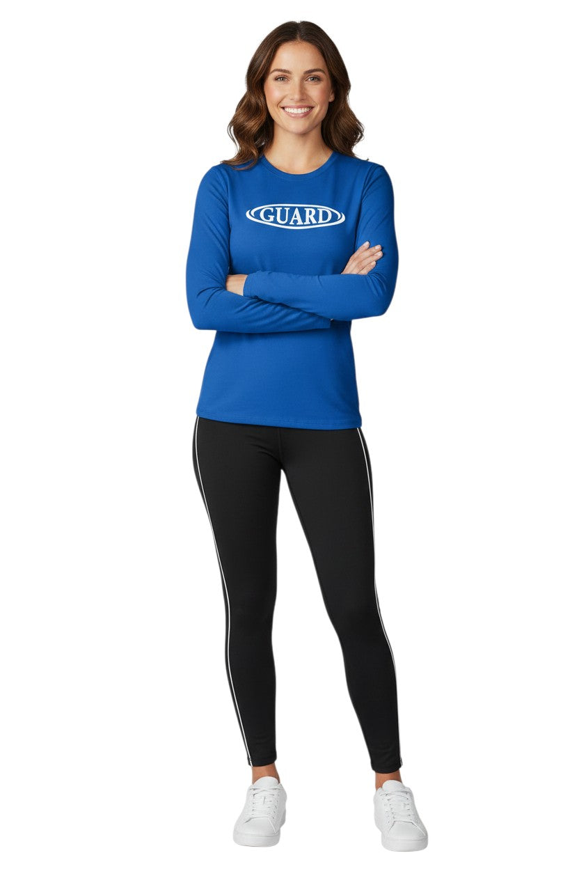 RISE Guard Long Sleeve Crew Neck Rashguard in blue, shown on model
