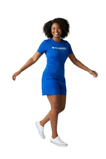 Kiefer Guard Short Sleeve Crewneck Rashguard in blue, shown on model
