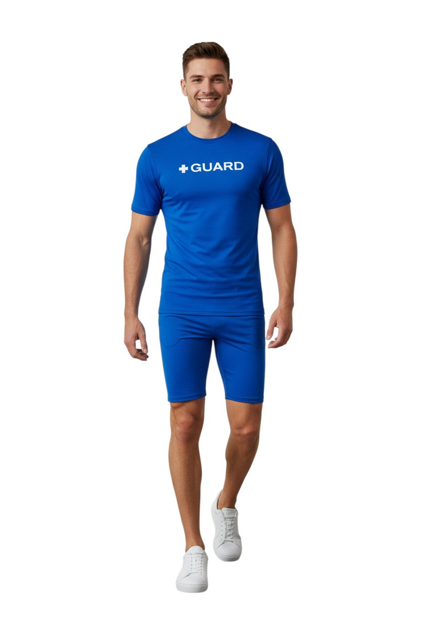 Kiefer Guard Short Sleeve Crewneck Rashguard in blue, shown on model