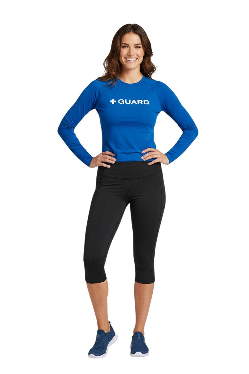 Kiefer Guard Long Sleeve Crewneck Rashguard in blue, shown on model