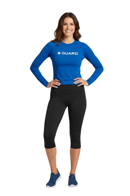 Kiefer Guard Long Sleeve Crewneck Rashguard in blue, shown on model