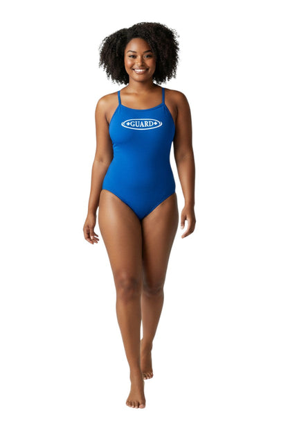 Kiefer blue polyester-spandex X-back swimsuit with white GUARD logo. UPF 50+.