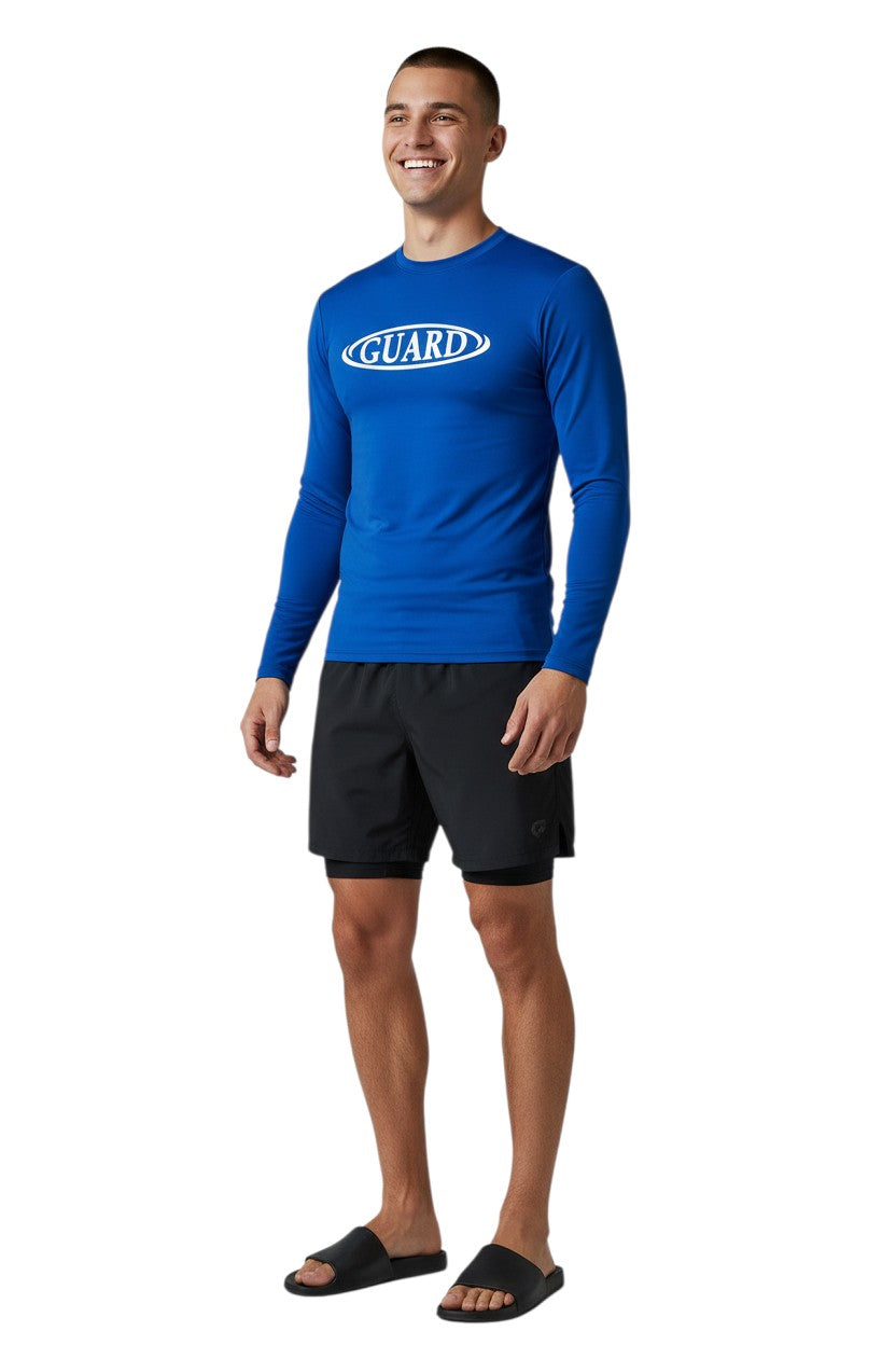 RISE Guard Long Sleeve Crew Neck Rashguard in blue, shown on model