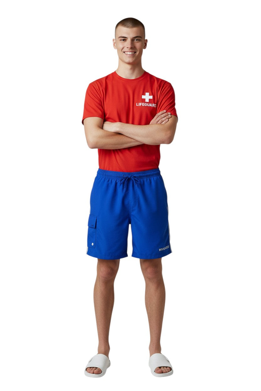 Kiefer Manager Board Short in blue, shown on model