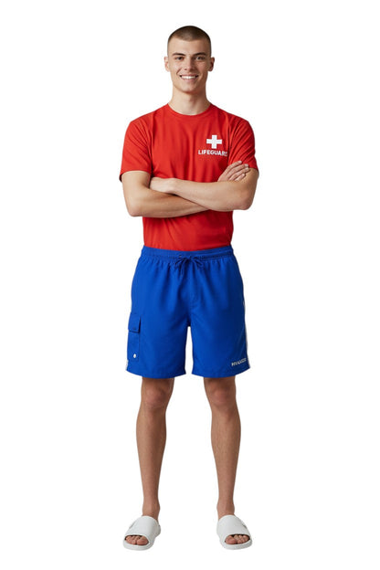 Kiefer Manager Board Short in blue, shown on model