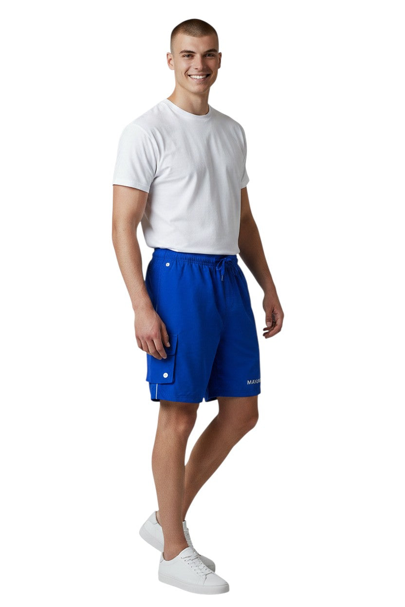 Kiefer Manager Board Short in blue, shown on model