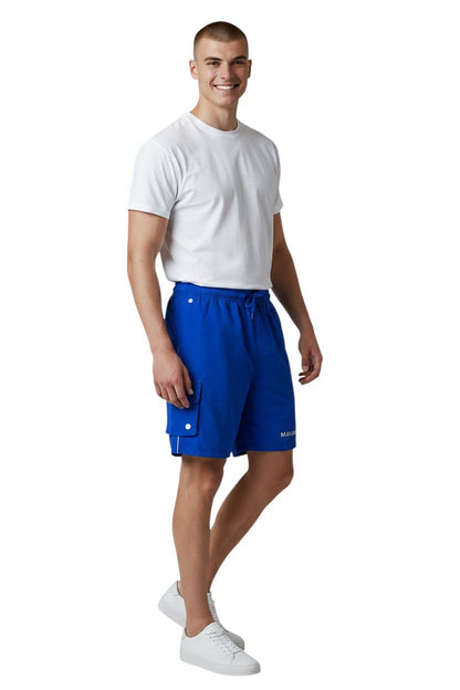 Kiefer Manager Board Short in blue, shown on model