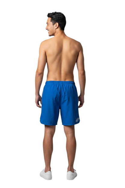 Blue nylon lifeguard trunks with white side piping and GUARD logo on left leg. Elastic waistband, 5" inseam.