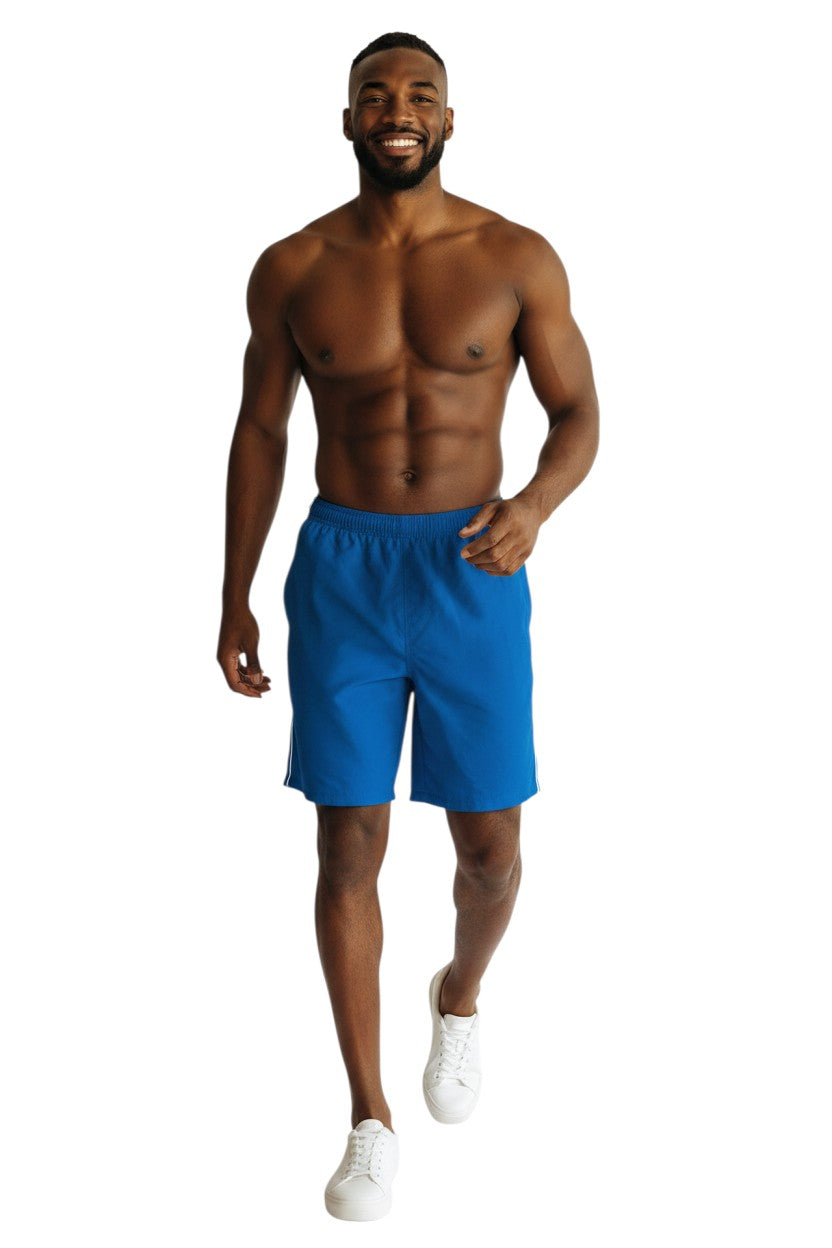 Kiefer blue nylon trunk with white side piping and elastic waistband.