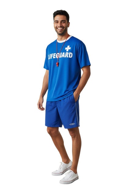 RISE Staff Male Flex Board Short in blue, shown on model