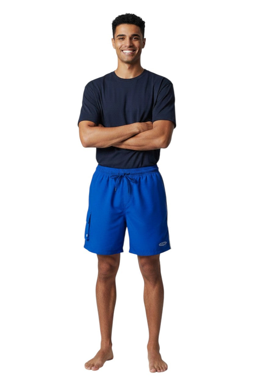 RISE Instructor Male Flex Board Short in blue, shown on model