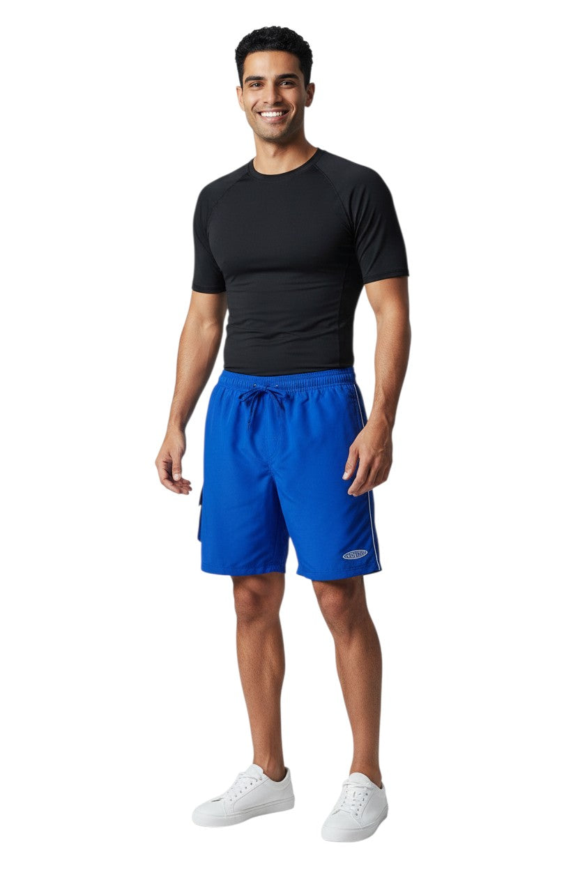 RISE Instructor Male Flex Board Short in blue, shown on model