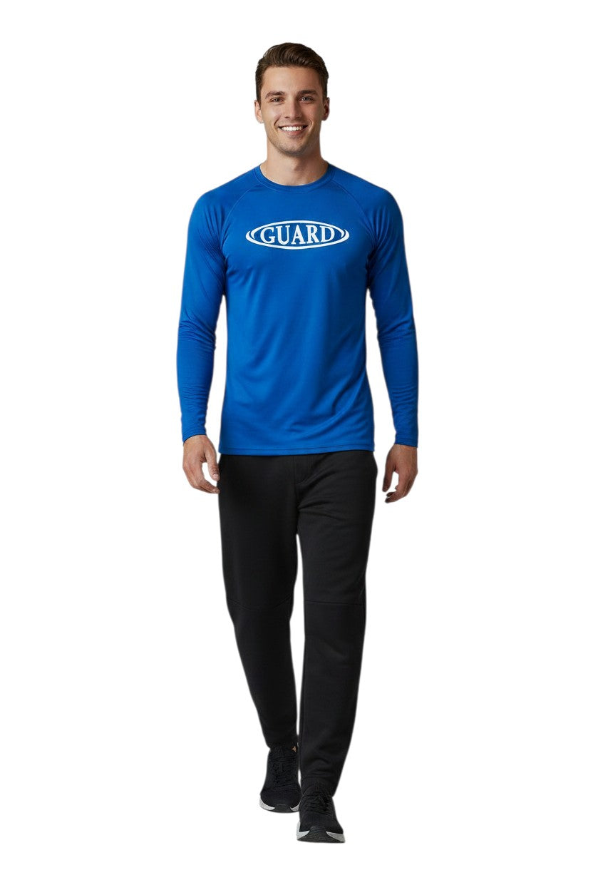 RISE Guard Long Sleeve Crew Neck Rashguard in blue, shown on model