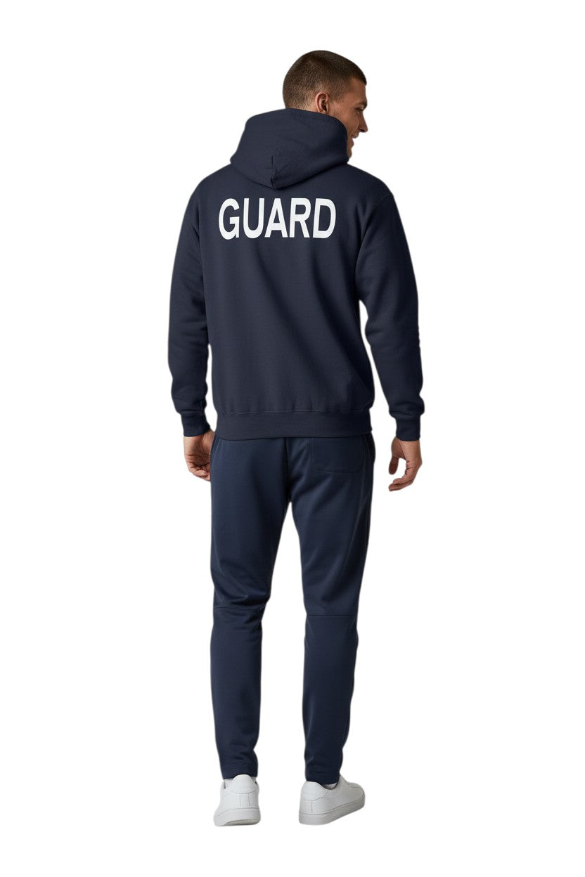 Kiefer Guard Hooded Sweatshirt in navy, shown on model