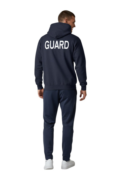 Kiefer Guard Hooded Sweatshirt in navy, shown on model