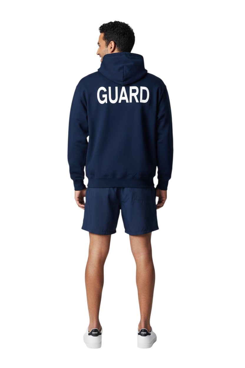 Kiefer Guard Zip Hoodie in navy blue, made of a cotton and polyester blend, features a double-lined hood and a large white GUARD logo on the back.