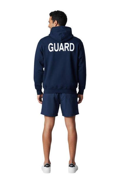Kiefer Guard Zip Hoodie in navy blue, made of a cotton and polyester blend, features a double-lined hood and a large white GUARD logo on the back.
