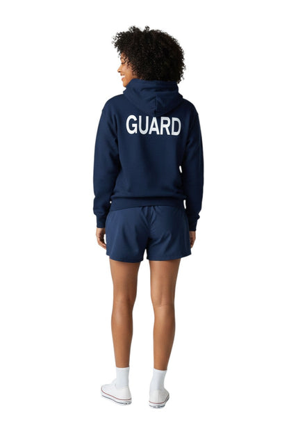 Kiefer Guard Zip Hoodie in navy blue, 50% cotton/50% polyester fleece, with a double-lined hood and drawstring. Features a large white GUARD logo on the back.