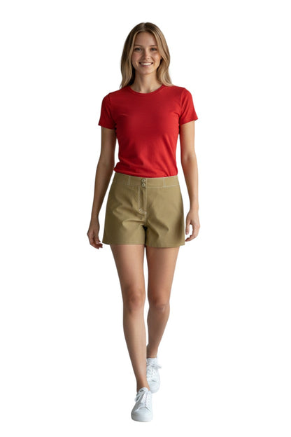 RISE Solid Female Flex Short in khaki polyester-spandex with white contrast stitching and 5" inseam.