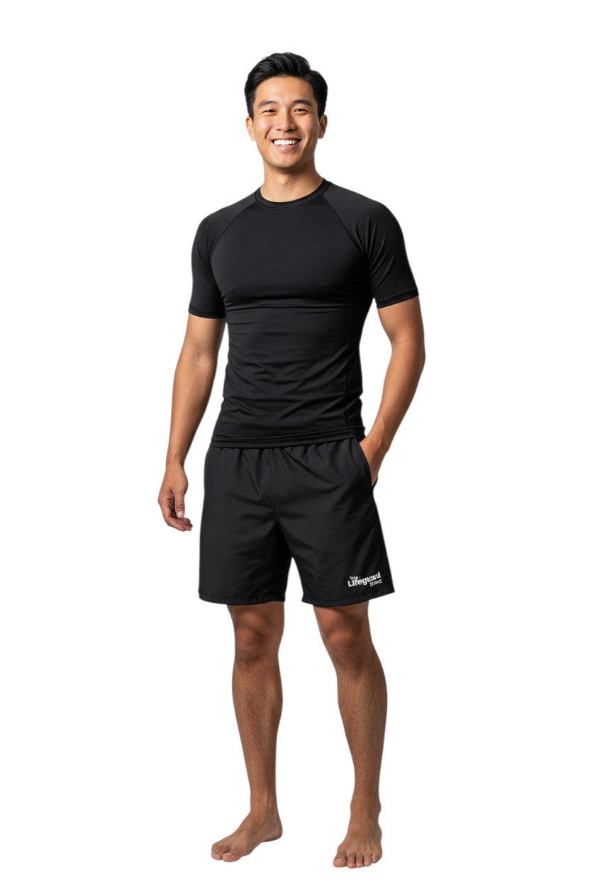 Kiefer Solid Short Sleeve Crewneck Rashguard in black, shown on model