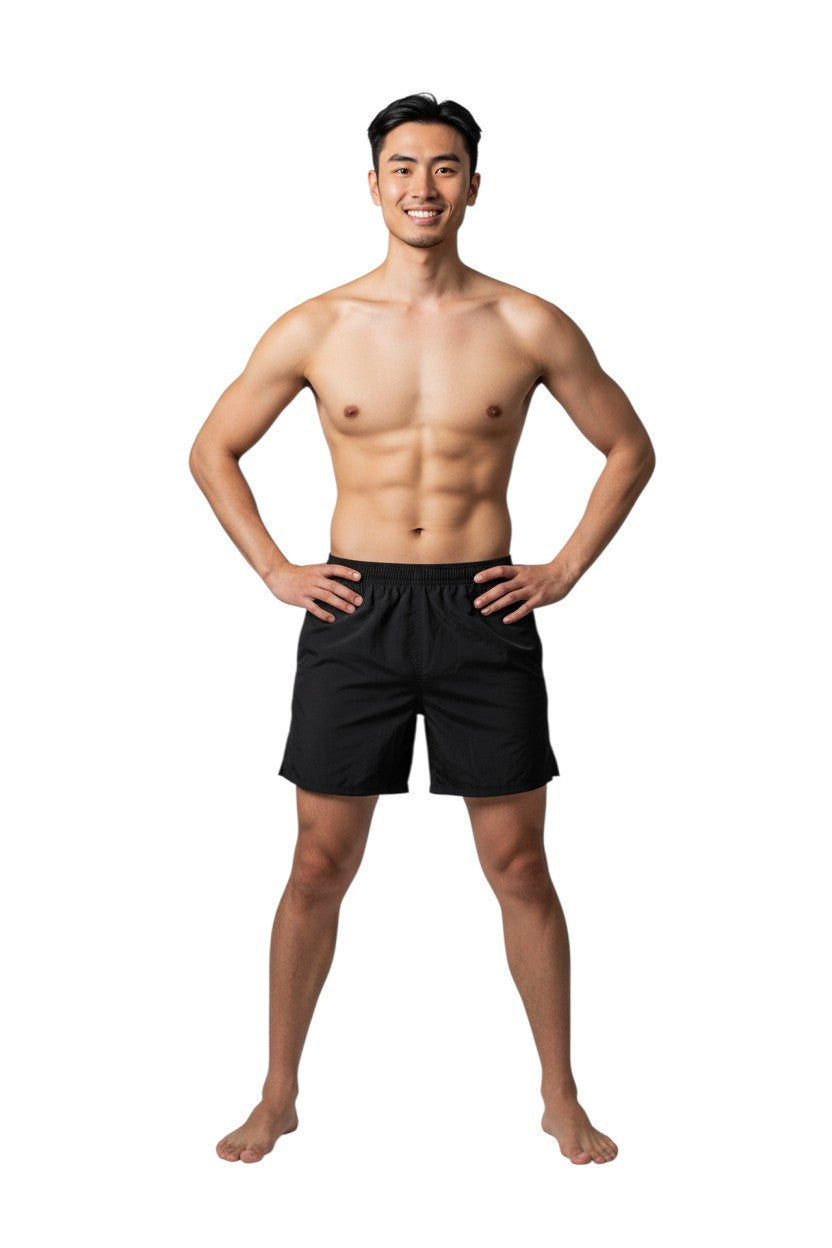 Kiefer 4-Way Unisex Deck Short Solid in black, shown on model